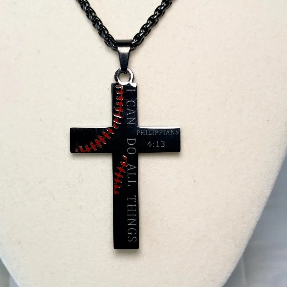Black and‎ Red Baseball Cross Necklace